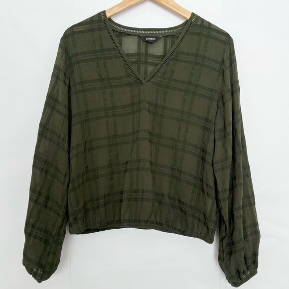 Express Tops - Express V-Neck Blouse Sheer Long Sleeve Relaxed Fit Officewear Size Medium Olive